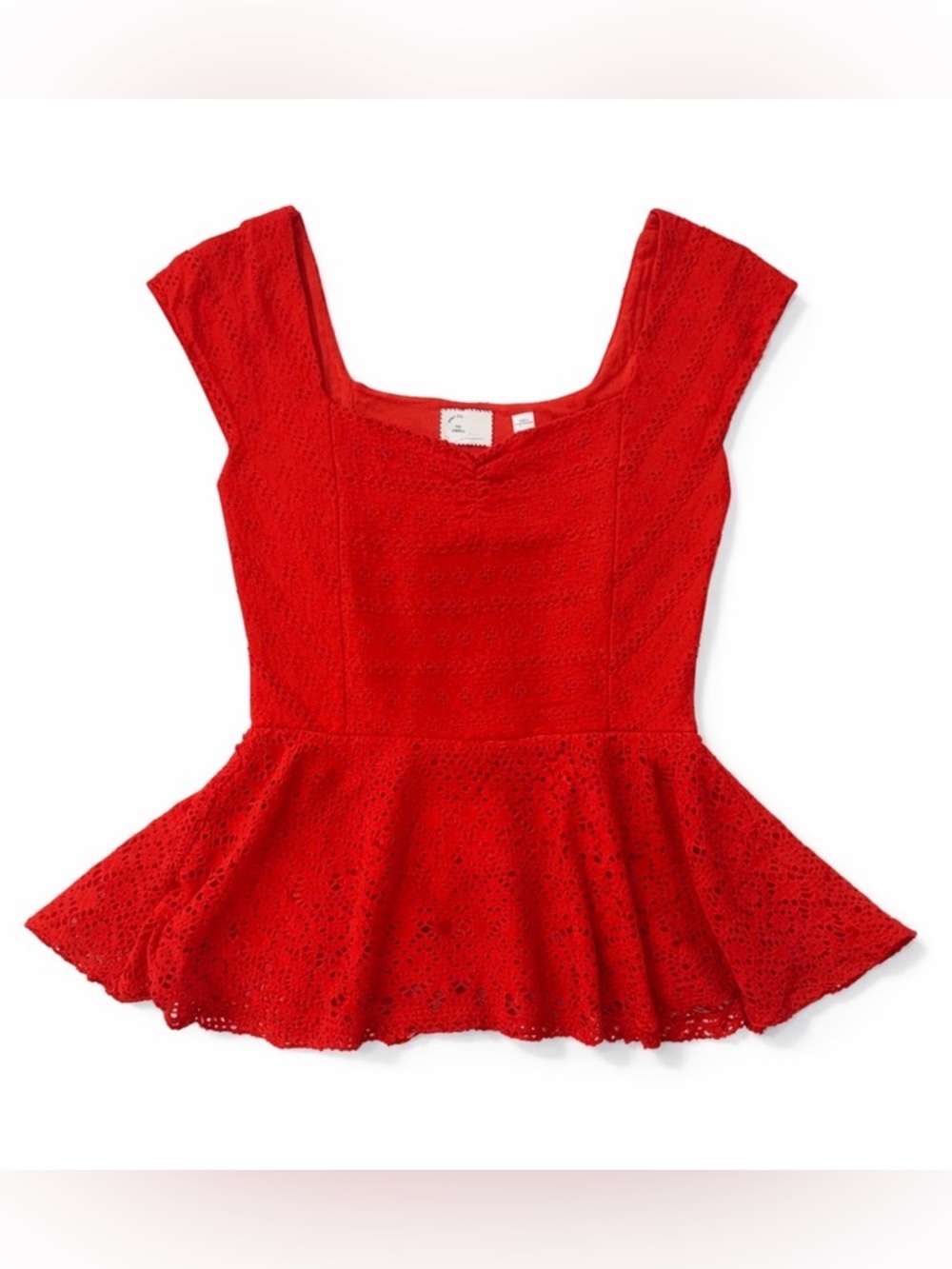 Anthro fiery Red Lace Eyelet Peplum Blouse Small Romantic Feminine Top